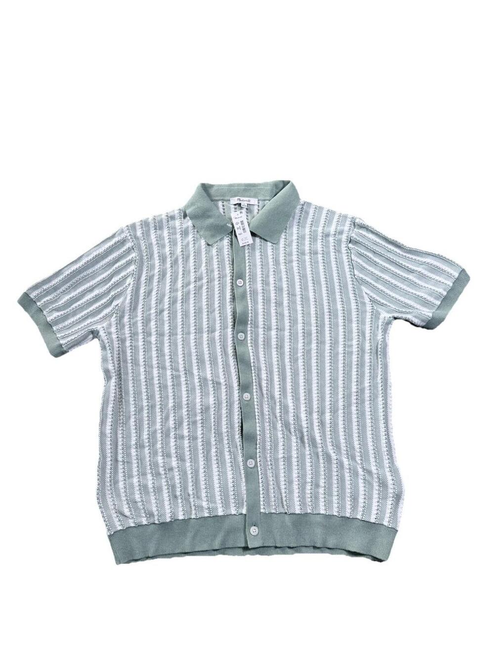 NWT Madewell Sz M Open-Stitch Button-Up Sweater Polo Faded Brick Striped Retro